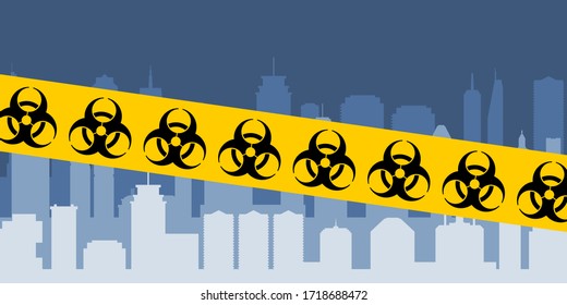 Cinta de barrera de bloqueo de virus sobre la ciudad.Pandemia de coronavirus. Signo de advertencia de riesgo biológico.