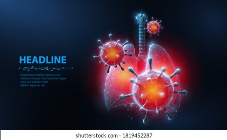 Virus in lung. Abstract vector 3d corona microbe on lung background. Pneumonia virus, covid illnes, medical healthcare, microbiology concept. Disease germ, pathogen organism, infectious micro virology