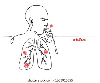 Virus In Lungs, Person Coughing Simple Minimalist Vector Sketch, Doodle, Web Background, Poster. One Continuous Line Drawing.