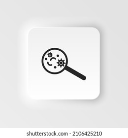 Virus, magnifier. Bioengineering neumorphic style vector icon. Biotechnology for health, researching. Molecular biology, biomedical and molecular engineering Neumorphism, neumorphic style icon