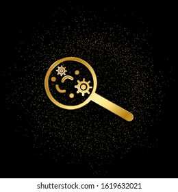 virus, magnifier gold icon. Vector illustration of golden particle background.