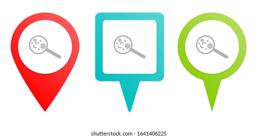 virus magnifier. Multicolor pin vector icon, diferent type map and navigation point.