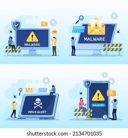 Concepto de malware detectado, señales de advertencia de ataque de virus, vector de mensajes de alerta de hackeo	