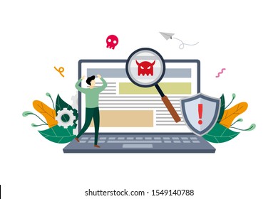 Virus malware detected on laptop concept, viruses attack warning signs, hacking alert messages with small people vector flat illustration, suitable for background, advertising illustration