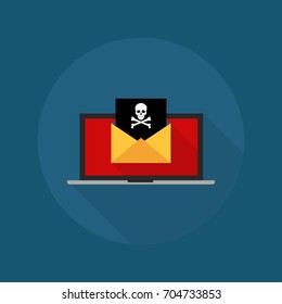 Virus, malware, email fraud, e-mail spam, phishing scam, hacker attack concept.Laptop and envelope with black document and skull icon. Trendy flat design graphic with long shadow. Vector illustration
