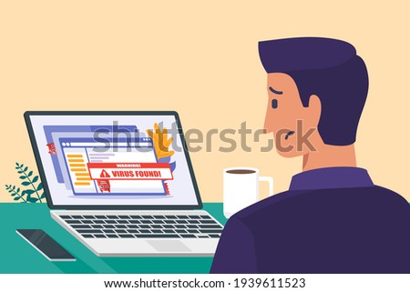 Virus or Malware Infected Computer Laptop Screeen Display in Front of a Man with Confused Face Flat Vector Illustration. Can be Used for Digital and Printable Infographic.