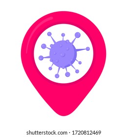 Virus map pin zone area flat style design corona virus in map pin icon sign vector illustration isolated on white background.