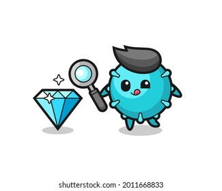 virus mascot is checking the authenticity of a diamond , cute style design for t shirt, sticker, logo element