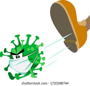 The virus in the mask. The coronavirus gets a kick in the ass. The illustration is made in a cartoon style.