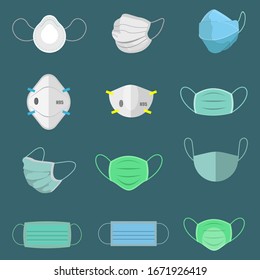 Virus mask set, medical protective mask, air pollution, doctor's maker, vector illustration.