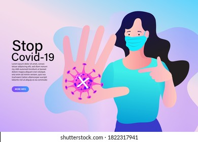 Virus mask woman wearing face protection in prevention for coronavirus showing gesture Stop Infection. Stop COVID-19 coronavirus outbreak vector illustration.