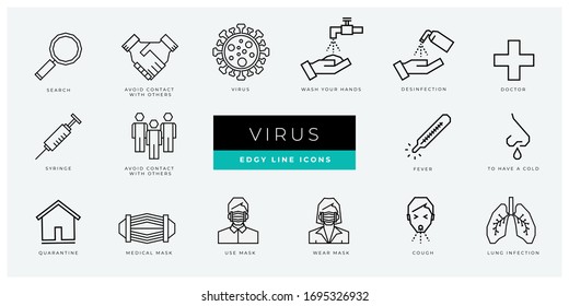 Virus and Medical icon set - minimal thin outline, web icon and symbol collection - virus, corona, corpid, desinfection, doctor, contact, fever, lung, mask, quarantine. Simple edgy vector illustration