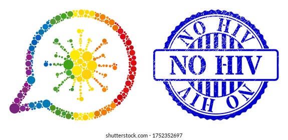 Virus message composition icon of round dots in various sizes and rainbow multicolored color hues. Blue rounded grunge seal with No HIV caption. A dotted LGBT- colored virus message for lesbians,
