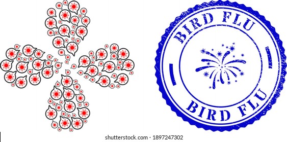 Virus message curl abstract flower, and blue round BIRD FLU scratched watermark with icon inside. Object curl done from oriented virus message items. Vector flower collage in flat style.
