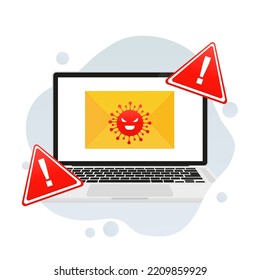 Virus message with warning signs on laptop. Vector illustration