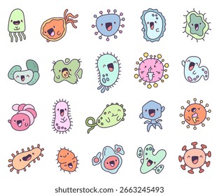 Conjunto de caracteres kawaii de microbios de virus que muestra bacterias, gérmenes y microorganismos con caras lindas de dibujos animados que sostienen la taza de comida para llevar de helado de galletas de alimentos perfecta para proyectos de salud y ciencia
