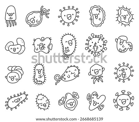 Virus microbe kawaii character set showing bacteria germs and microorganisms with cute cartoon faces holding food cookie ice cream takeaway cup perfect for health and science projects