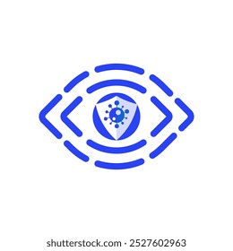 Virus in the middle of the logo with the shield inside the eye pupil with eye represent the monitoring and analyzing technology