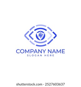Virus in the middle of the logo with the shield inside the eye pupil with eye represent the monitoring and analyzing global outbreak