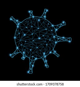 Virus molecule from polygon mesh, with blue light dots. Technology, IT and science design element on black isolated background.