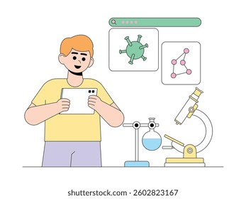 Virus and molecule research using advanced technology, semi outline style, research vector illustration.