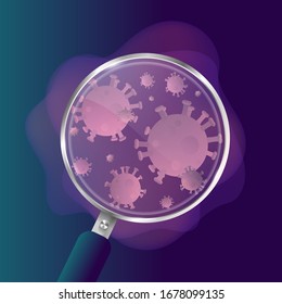 Moléculas de virus bajo la lupa. Coronavirus, virus, gripe. Ilustración del vector