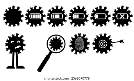 virus monochrome icons, virus monochrome icon sets, virus character, power, search,Identify, neutralization