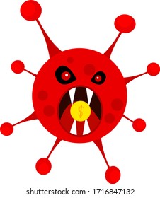 Virumonster mit scharfen Fangzähnen belästigen ein Dollar-Münzkonzept für Quarantäne- und Finanzkrise-Objekt auf weißem Hintergrund