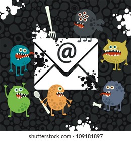 Virus monsters in the email letter. Vector illustration.