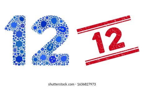Virus mosaic 12 digits text icon and red 12 seal stamp between double parallel lines. Mosaic vector is composed with 12 digits text icon and with scattered infection elements. 12 seal uses red color,