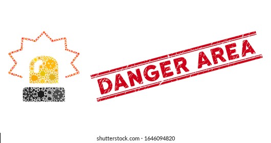 Virus mosaic alarm icon and red Danger Area stamp between double parallel lines. Mosaic vector is created with alarm pictogram and with randomized infectious symbols.