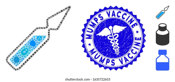 Virus mosaic ampoule icon and round grunge stamp watermark with Mumps Vaccine text and doctor icon. Mosaic vector is created with ampoule icon and with random pandemic items.