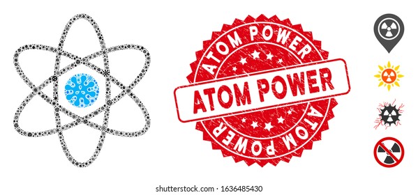 Virus mosaic atom icon and rounded corroded stamp seal with Atom Power text. Mosaic vector is designed from atom icon and with random viral elements. Atom Power stamp seal uses red color,