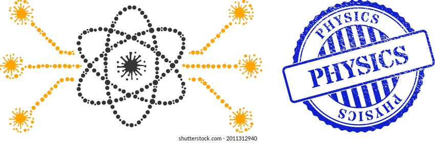Virus mosaic atomic circuit icon, and grunge PHYSICS seal stamp. Atomic circuit mosaic for pandemic templates, and grunge round blue seal. Vector mosaic is done with scattered bacterium elements.