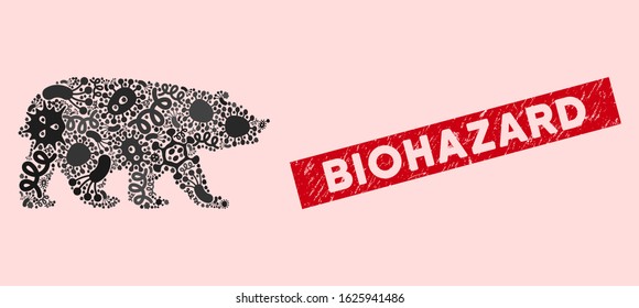 Virus mosaic bear icon and rectangle corroded stamp seal with Biohazard caption. Mosaic vector is designed with bear icon and with scattered pandemic elements. Biohazard stamp seal uses red color,