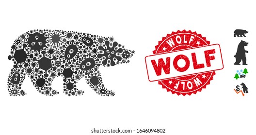 Virus mosaic bear icon and round grunge stamp watermark with Wolf text. Mosaic vector is designed with bear icon and with randomized bacteria symbols. Wolf stamp seal uses red color,