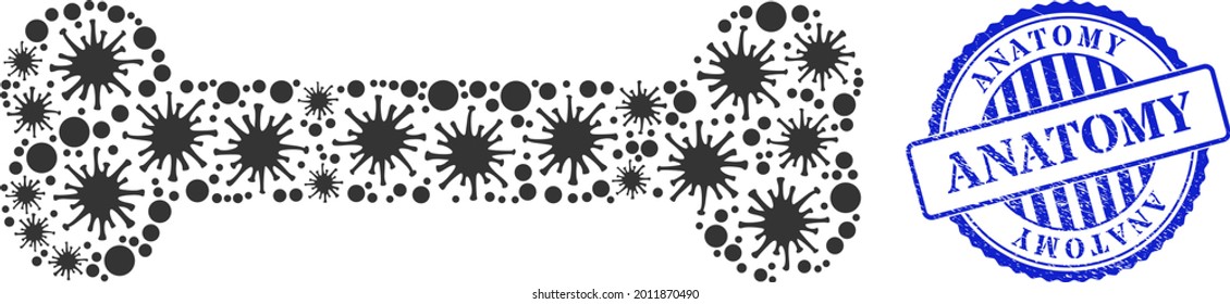 Virus mosaic bone icon, and grunge ANATOMY seal. Bone collage for epidemic images, and rubber round blue stamp seal. Vector collage is composed from random virus items.