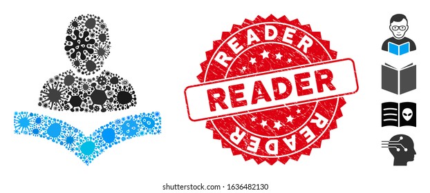 Virus mosaic book reader icon and round rubber stamp watermark with Reader phrase. Mosaic vector is formed with book reader icon and with randomized bacillus symbols. Reader stamp uses red color,