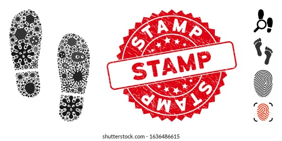 Virus mosaic boot footprints icon and round distressed stamp seal with Stamp caption. Mosaic vector is designed with boot footprints icon and with randomized pandemic items.