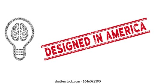 Virus mosaic brain bulb icon and red Designed in America seal stamp between double parallel lines. Mosaic vector is designed with brain bulb icon and with randomized microbe cell symbols.