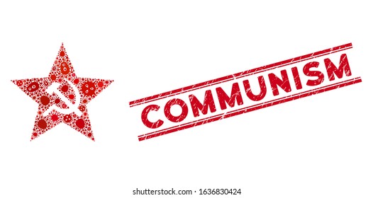 Virus mosaic communism star icon and red Communism seal stamp between double parallel lines. Mosaic vector is designed from communism star icon and with scattered infection symbols.