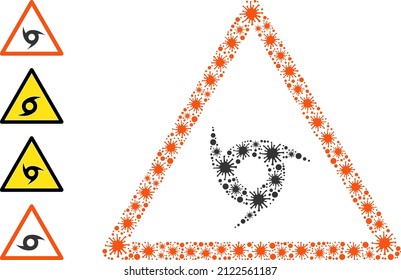 Virus mosaic cyclone warning icon, and bonus icons. Cyclone warning collage for pandemic templates. Vector mosaic is done with randomized Covid-2019 icons.