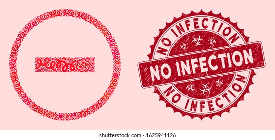 Virus mosaic delete icon and round rubber stamp seal with No Infection caption. Mosaic vector is formed with delete icon and with scattered contagion items. No Infection stamp seal uses red color,