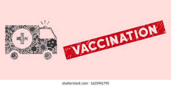 Virus mosaic emergency icon and rectangular distressed stamp seal with Vaccination phrase. Mosaic vector is composed from emergency icon and with random pandemic items.