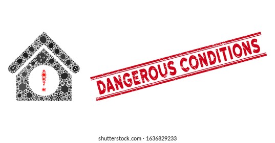 Virus mosaic exclamation building icon and red Dangerous Conditions seal between double parallel lines. Mosaic vector is composed with exclamation building icon and with randomized amoeba elements.