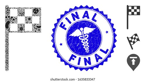 Virus mosaic final flag icon and round grunge stamp seal with Final caption and caduceus sign. Mosaic vector is created from final flag pictogram and with random virus objects.