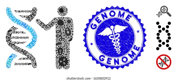 Virus mosaic genetics report icon and rounded distressed stamp seal with Genome caption and medical icon. Mosaic vector is designed with genetics report pictogram and with random virus elements.