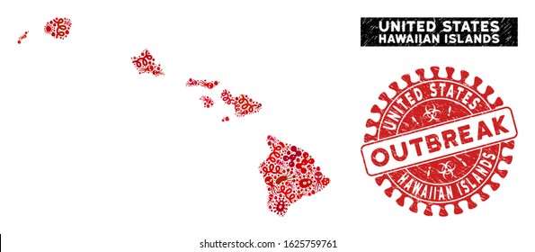 Virus mosaic Hawaiian Islands map and red grunge stamp seal with OUTBREAK badge. Hawaiian Islands map collage constructed with random virus elements. Red rounded OUTBREAK seal with scratched texture.