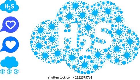 Icono de nube de sulfuro de hidrógeno en mosaico de virus y más iconos. Collage de nubes de sulfuro de hidrógeno para imágenes epidémicas. El collage de vectores está construido con iconos de virus aleatorios.