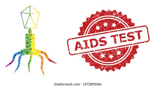 Virus mosaic icon of circle dots in variable sizes and LGBT colored color tinges, and AIDS Test unclean rosette stamp. A dotted LGBT-colored Virus for lesbians, gays, transgenders, and bisexuals.